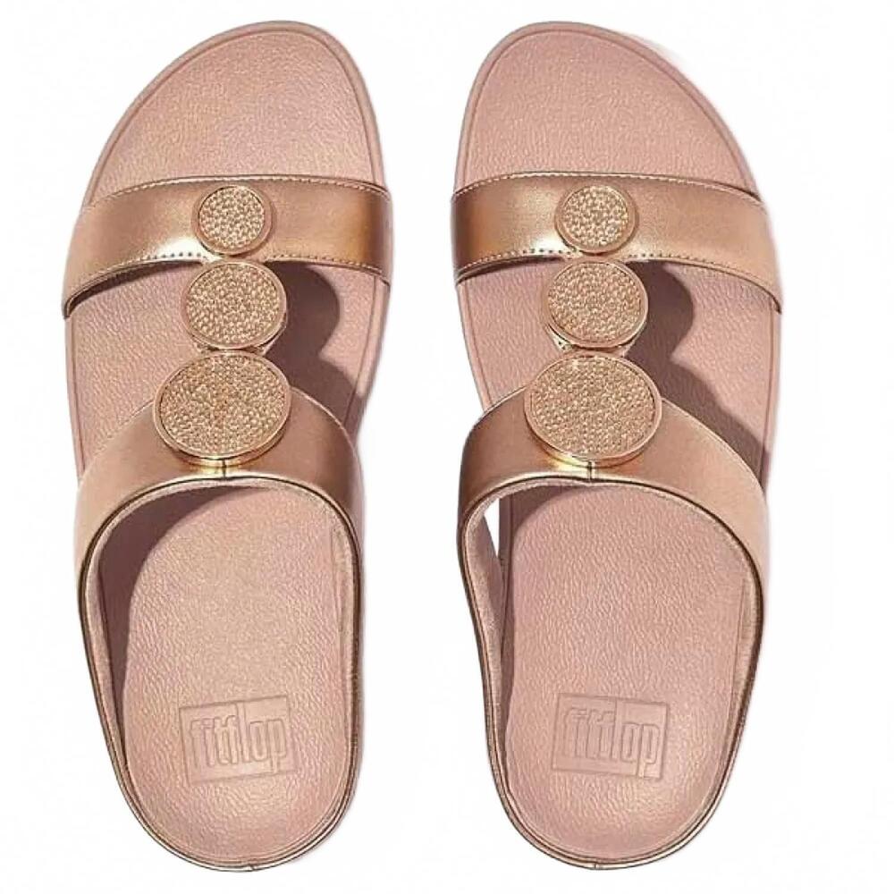 NEW FITFLOP women's halo bead-circle metallic h-bar slide in rose gold